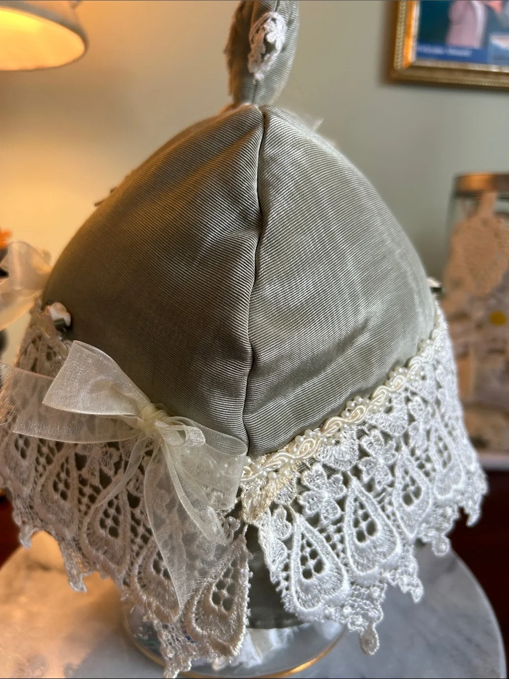 Tea pot cozy from Sweet Necessi Teas lace pearls satin bows roses formal.